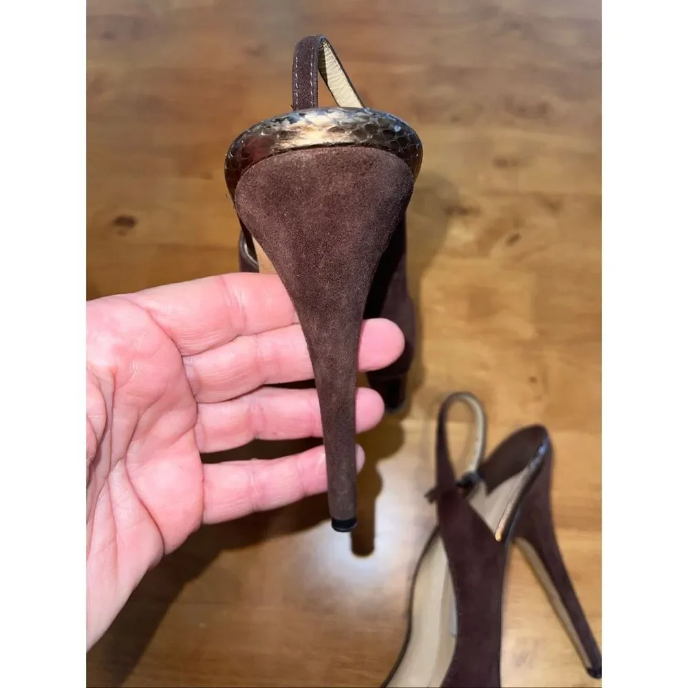 Jimmy‎ Choo Suede Open Toe Pumps Slingback Heels Brown 37.5-7
